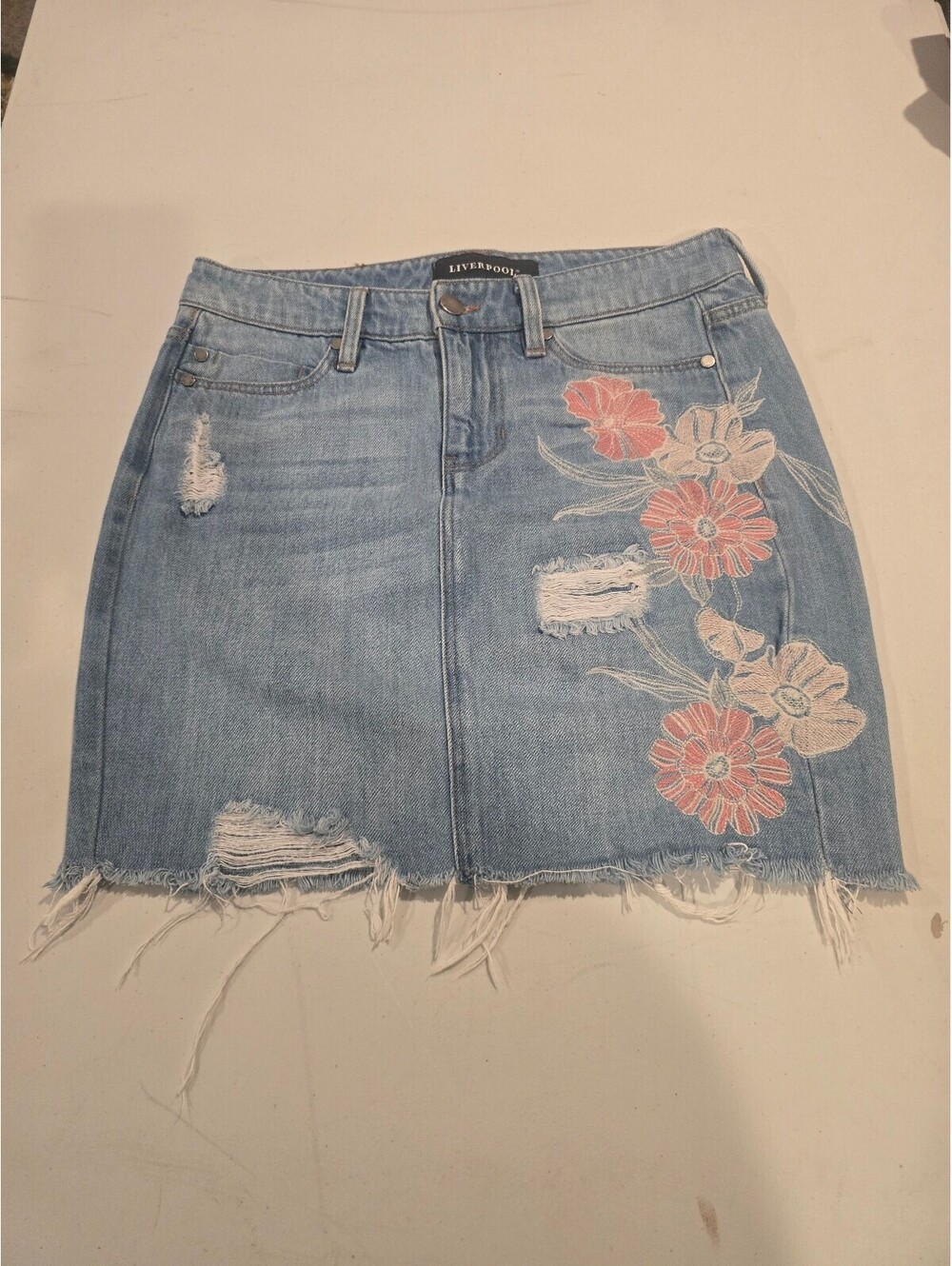 Liverpool Light Blue Denim Mini Skirt with Floral Embroidery